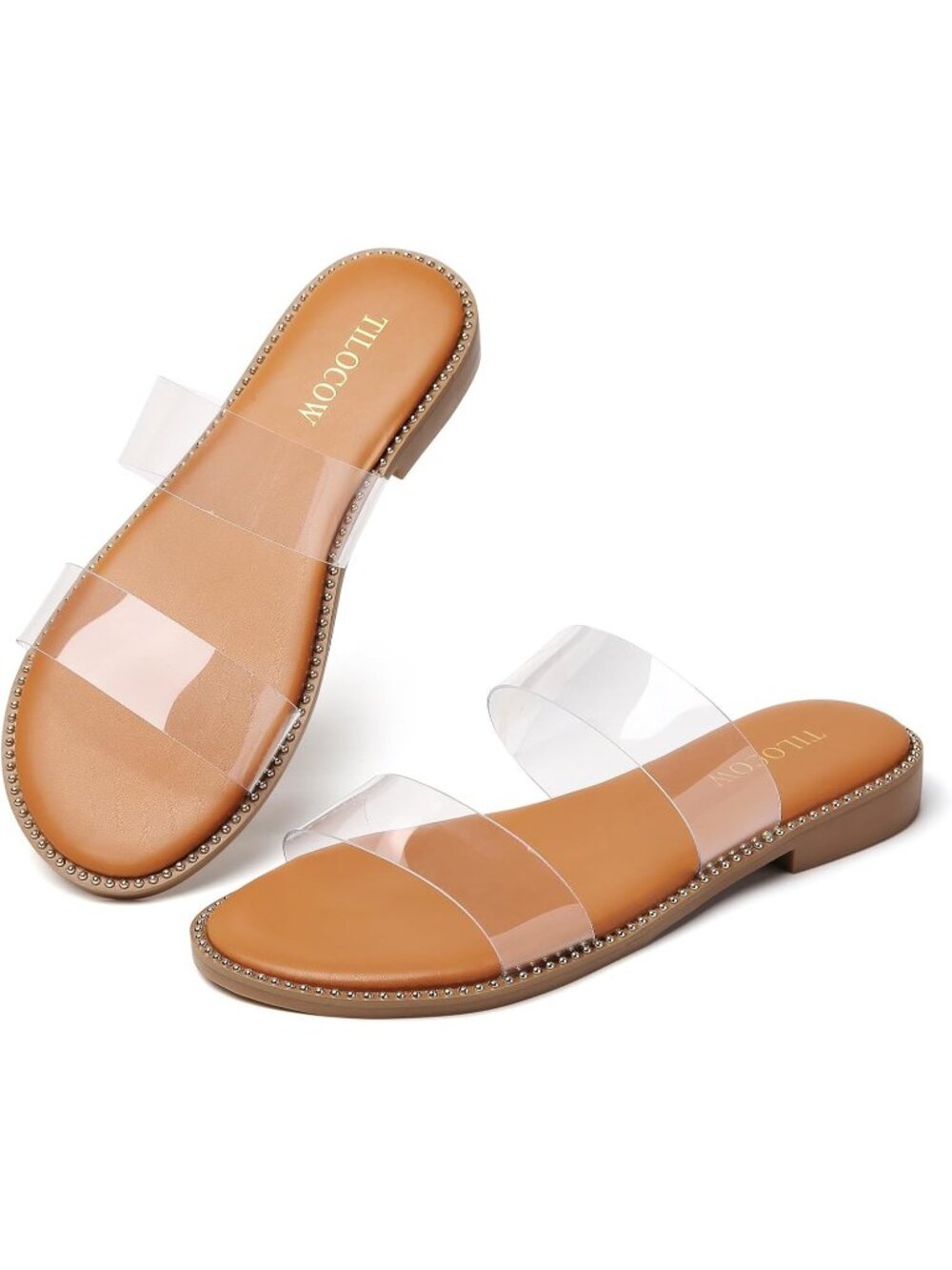 Women's Transparent Lightweight  Double Straps Rivet Trim Slides Flat Sandals